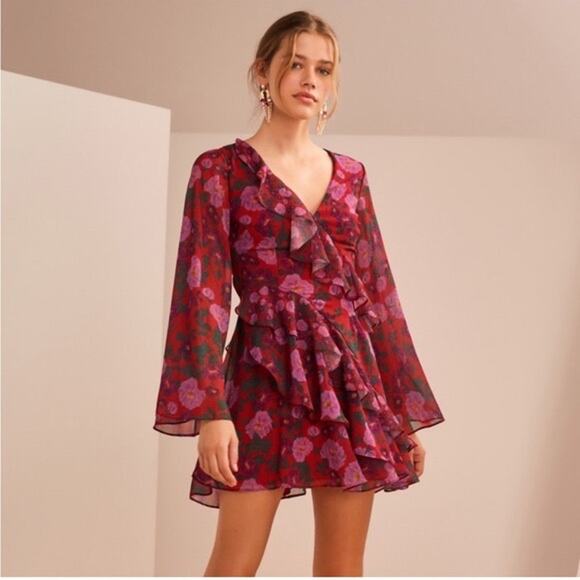 Keepsake The Label Waves Flare Sleeve Ruffle Dress Pomegranate Floral Size Small - Picture 14 of 14
